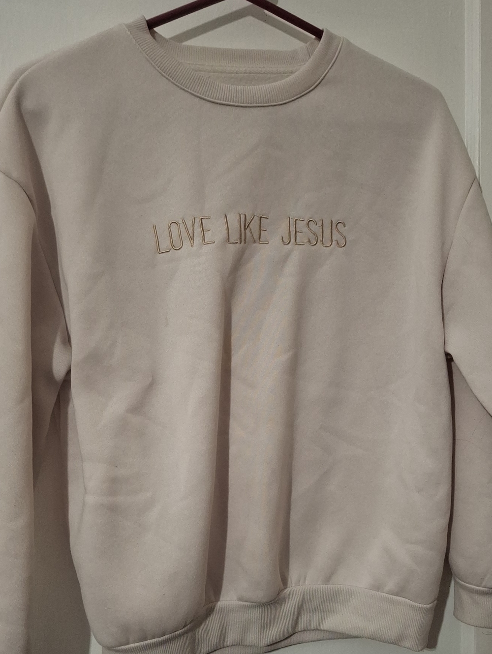 SHEIN Cream 'Love Like Jesus' Embroidered Crewneck Sweater